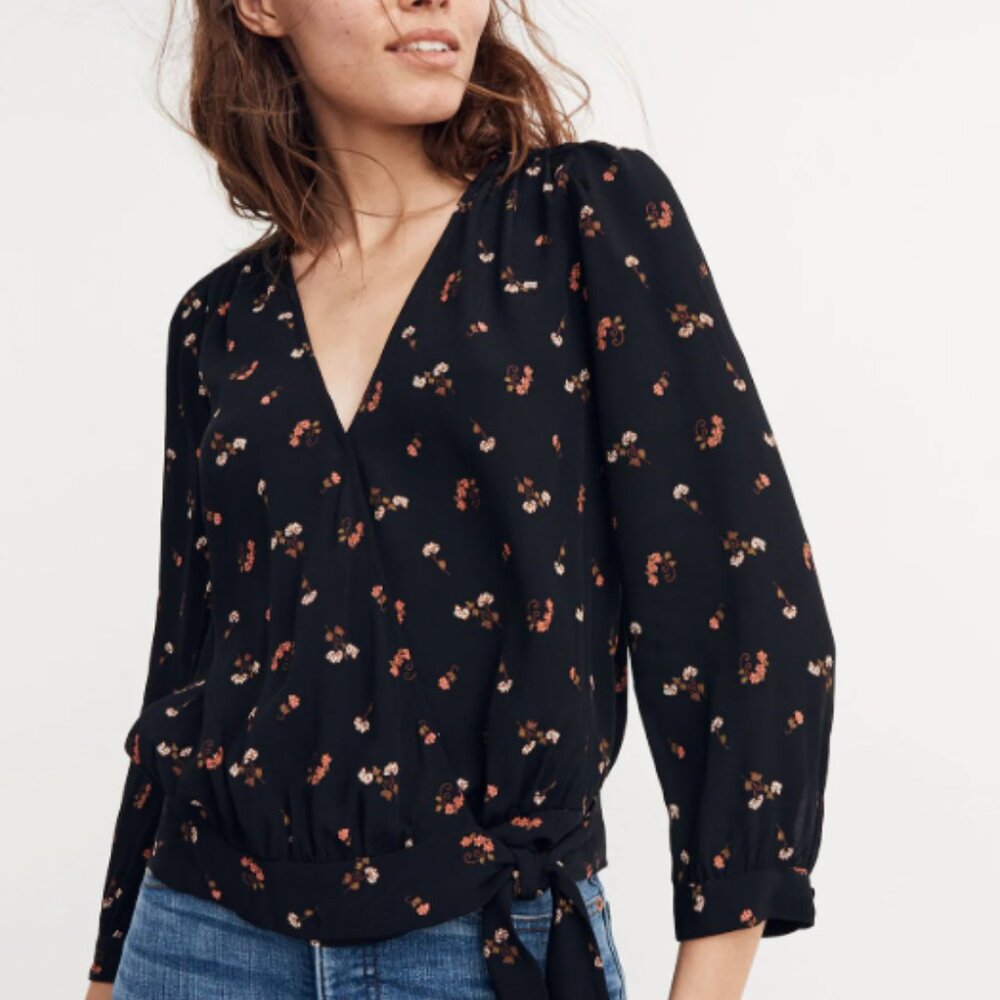 Madewell Wrap Top in Flower Toss - Black Floral - 70s Inspired - Size Medium